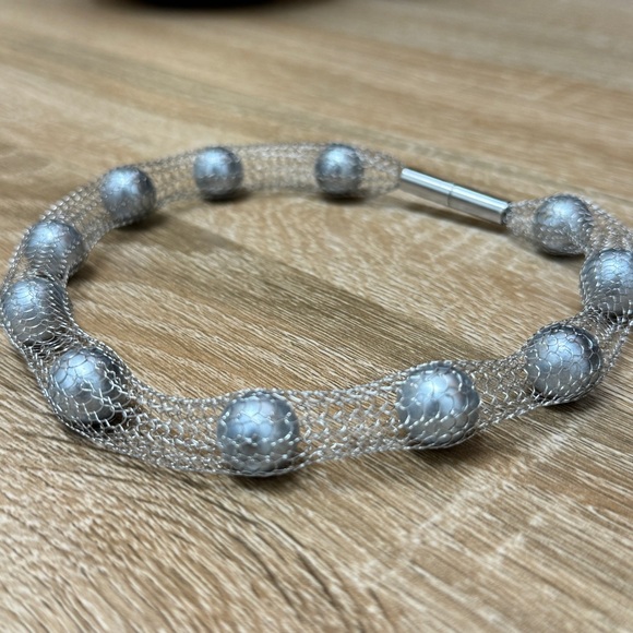 Necklace with Metallic Mesh Detail in Silver Tone | 15” Long. - Picture 3 of 7